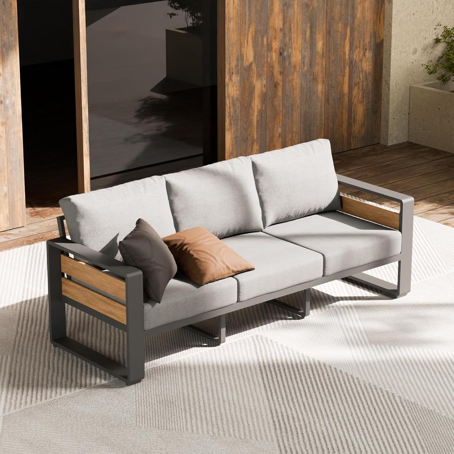Outdoor Furniture Japanese Style - 3-Seat All-Weather Aluminum Outdoor Sofa with